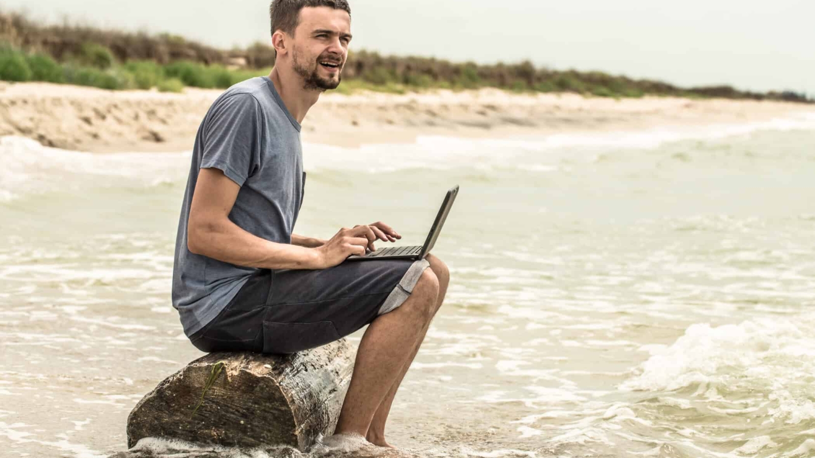the man working at a computer in nature, work on the beach